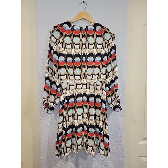 Women's H & M Dress Navy White Brown Pattern Long-Sleeve Knee-Length Pleated - Picture 6 of 7